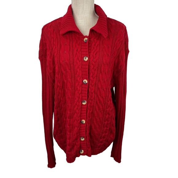 Crazy Horse Liz Claiborne Cable Knit Cardigan Sweater‎ Womens L Red Button Front - Picture 1 of 13